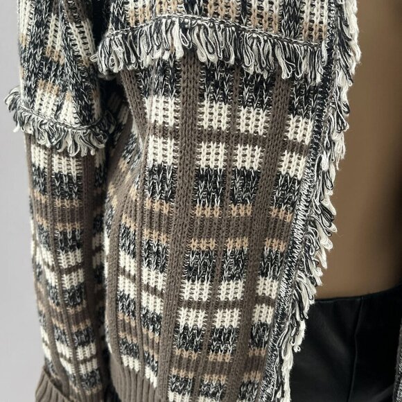 Cabi Plaid Fringe Open Classic Cardigan Sweater #4097 Brown Gray Womens M - Picture 9 of 12
